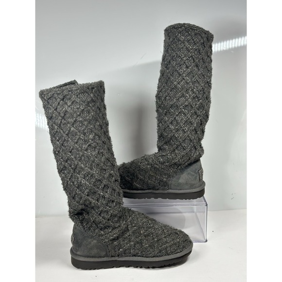 UGG 3066 Lattice Cardy Gray Sweater Knit 3 Button Winter Sock Boots Womens 7 - Picture 2 of 9
